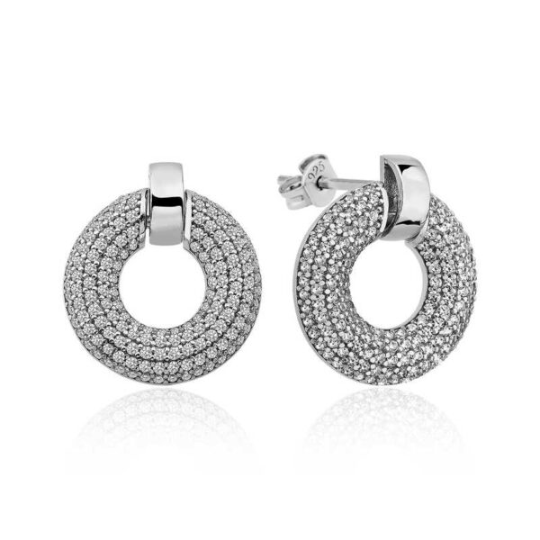 Pave Circle Drop Earrings - Rhodium Plated