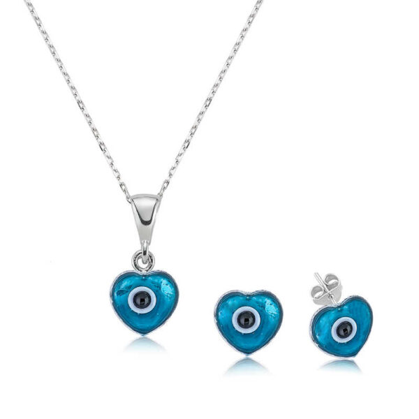 Sterling Silver 925 Set for Women - Heart Evil Eye Necklace And Stud Earrings Set