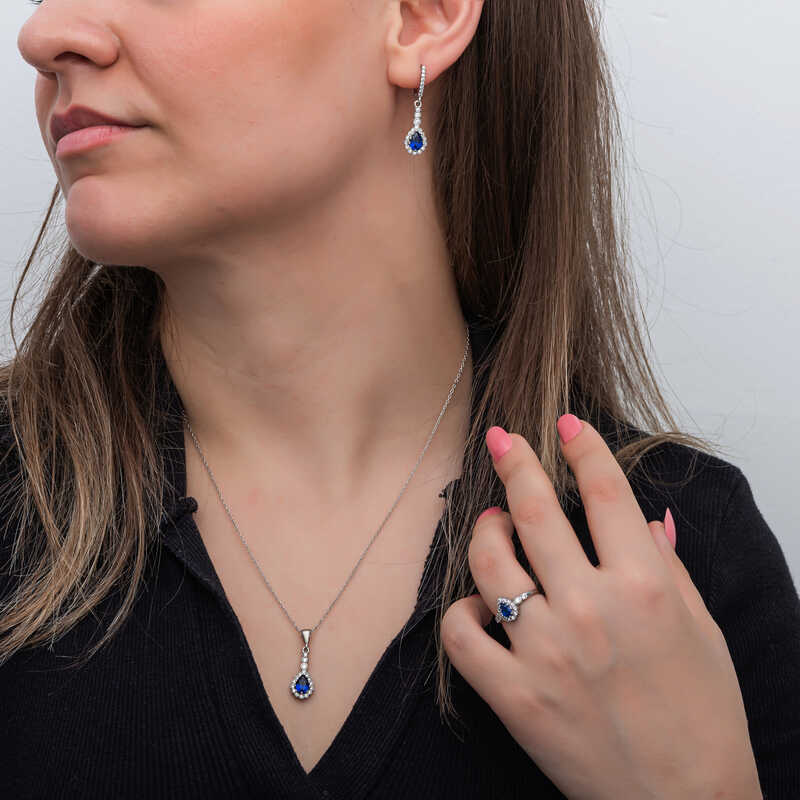 Sterling Silver Blue Halo Teardrop Necklace, Earring and Ring Set