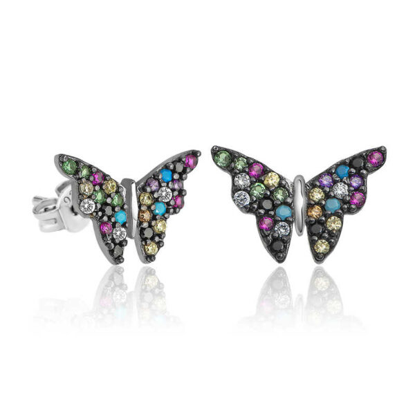 Black Butterfly Stud Earrings with colorful Accent Stones - Rhodium Plated