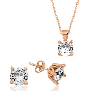 Classic Solitaire Pendant and Stud Earrings Set for Women – Rose Gold Plated