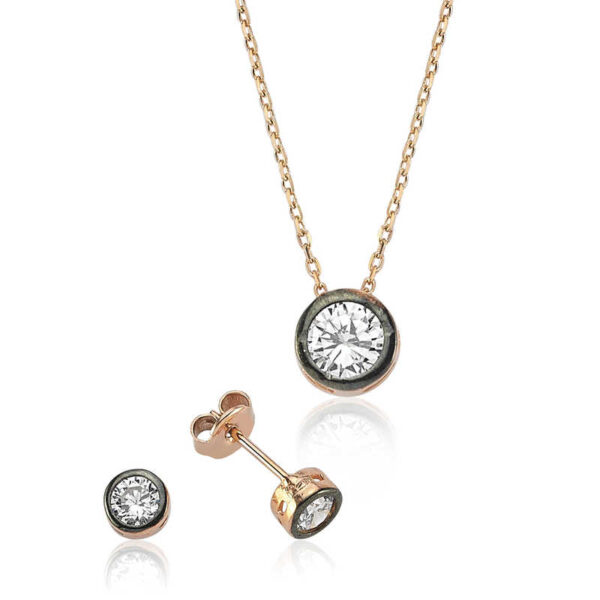 Sterling Silver 925 Set for Women - Bezel-Set Solitaire Necklace and Stud Earrings Set – Rose Gold Plated