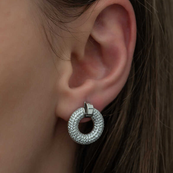 Pave Circle Drop Earrings - Rhodium Plated - Image 2