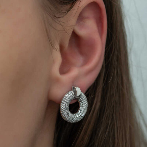 Pave Circle Drop Earrings - Rhodium Plated - Image 3
