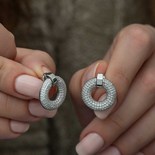 Pave Circle Drop Earrings - Rhodium Plated - Image 4
