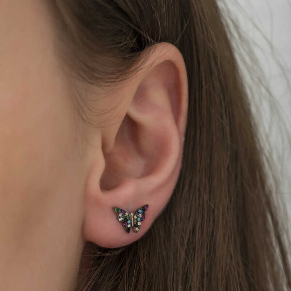 ​Sterling Silver Black Butterfly Stud Earrings with colorful Accent Stones