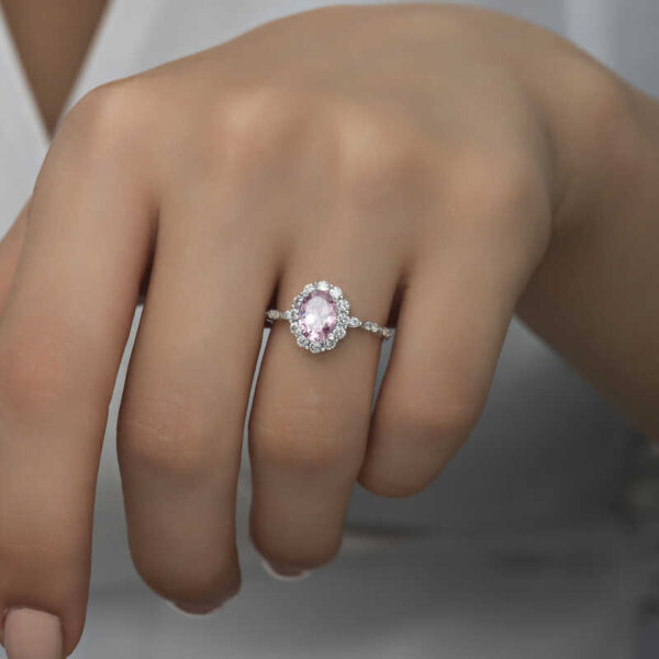 Oval Pink Halo Solitaire Ring - Rhodium Plated - Image 2