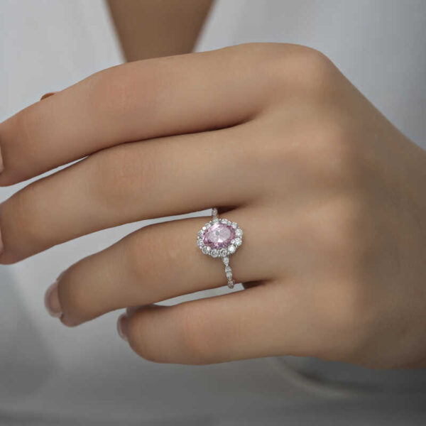 Oval Pink Halo Solitaire Ring - Rhodium Plated - Image 3