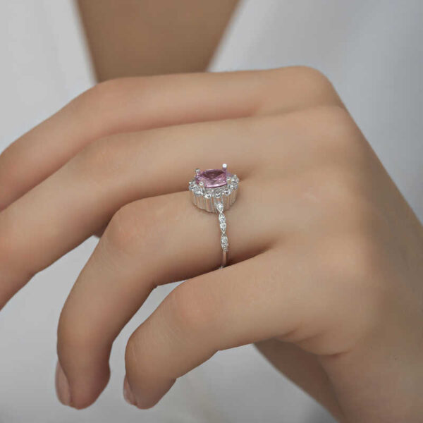 Oval Pink Halo Solitaire Ring - Rhodium Plated - Image 4