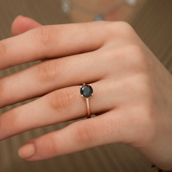 Sterling Silver Black Solitaire Ring - Rose Gold