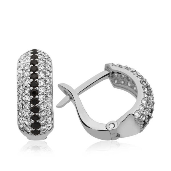 Black and White Pave Huggie Earrings - Rhodium Plated - Image 2